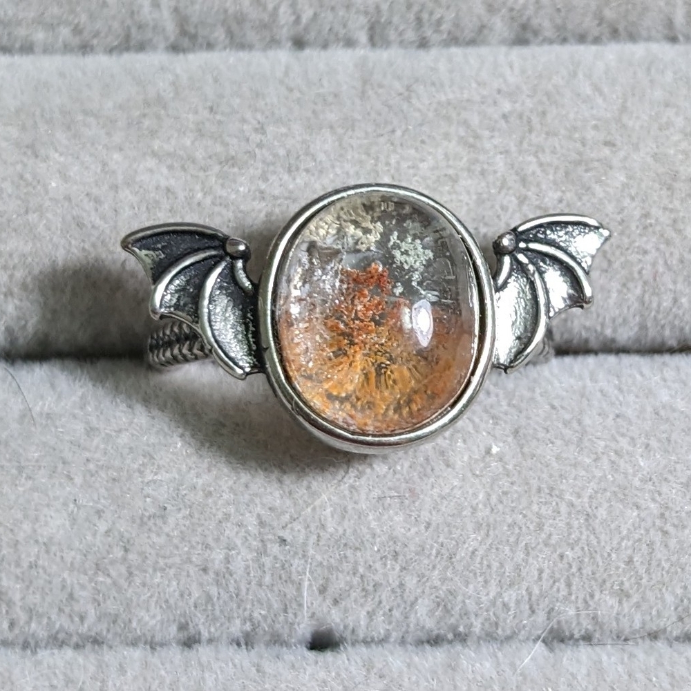 Silver Bat Wing Ring with Amber Stone